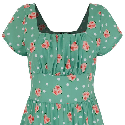 Viktoria 50s inspired A-line dress in Mint and Pink Rose Polka Dots