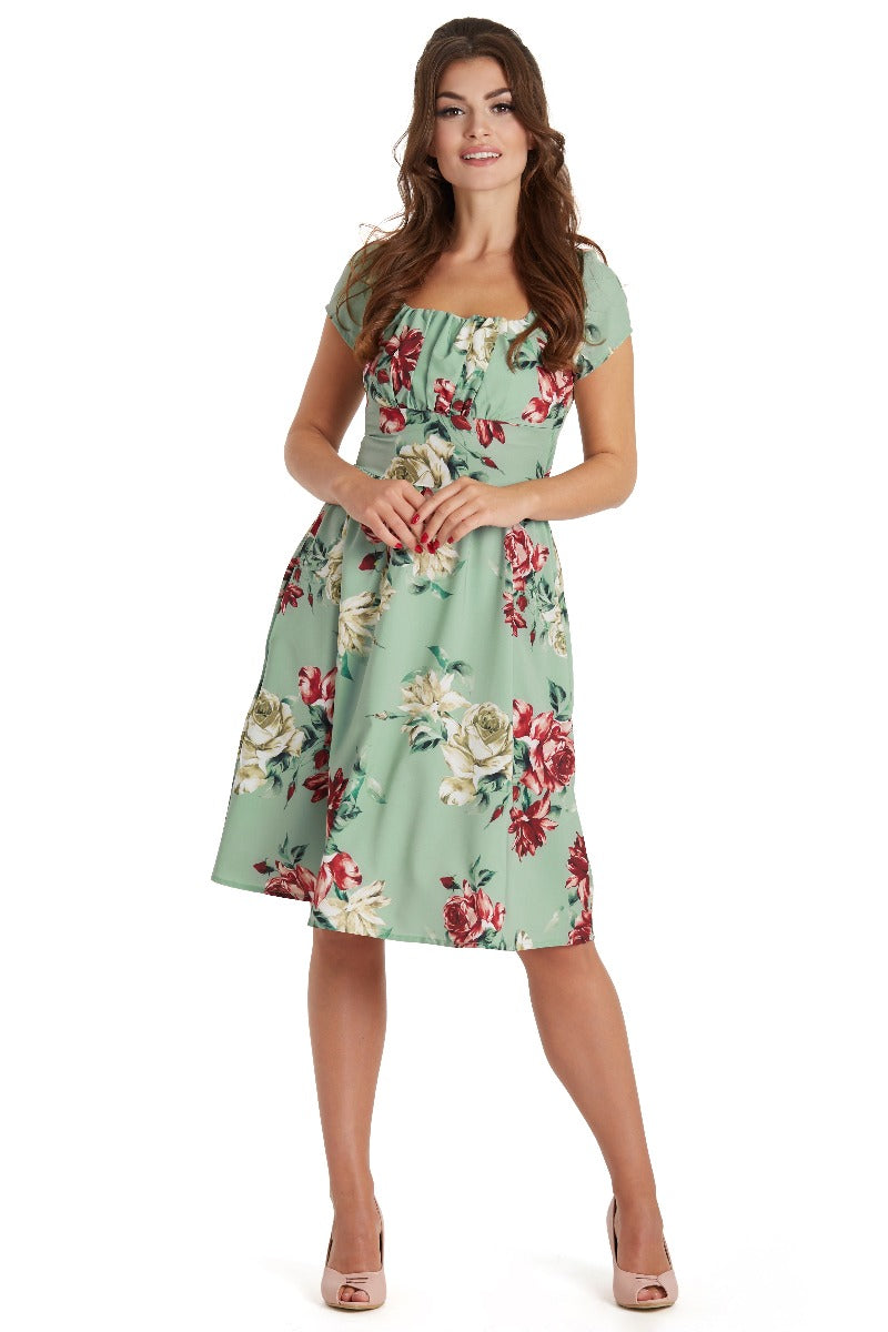 Viktoria 50s inspired A-line dress in Green with Red and White Rose Print