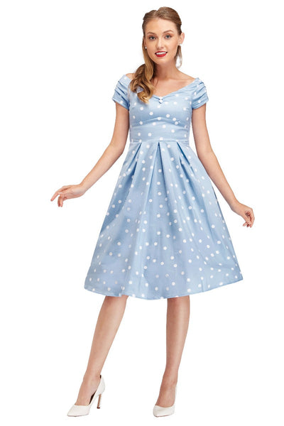 Lily Off The Shoulder Polka Dot Evening Dress Baby Blue & White