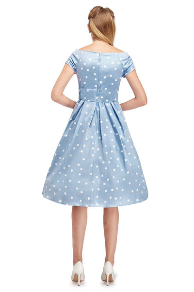 Lily Off The Shoulder Polka Dot Evening Dress Baby Blue & White