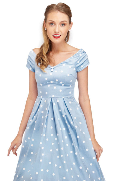 Lily Off The Shoulder Polka Dot Evening Dress Baby Blue & White