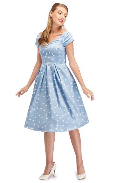 Lily Off The Shoulder Polka Dot Evening Dress Baby Blue & White