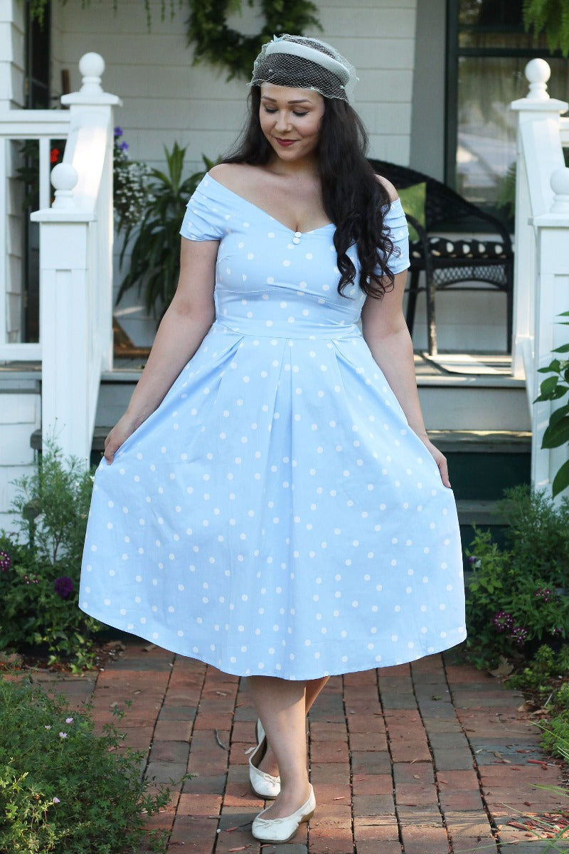 Lily Off The Shoulder Polka Dot Evening Dress Baby Blue & White