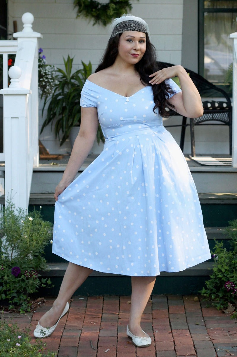 Lily Off The Shoulder Polka Dot Evening Dress Baby Blue & White