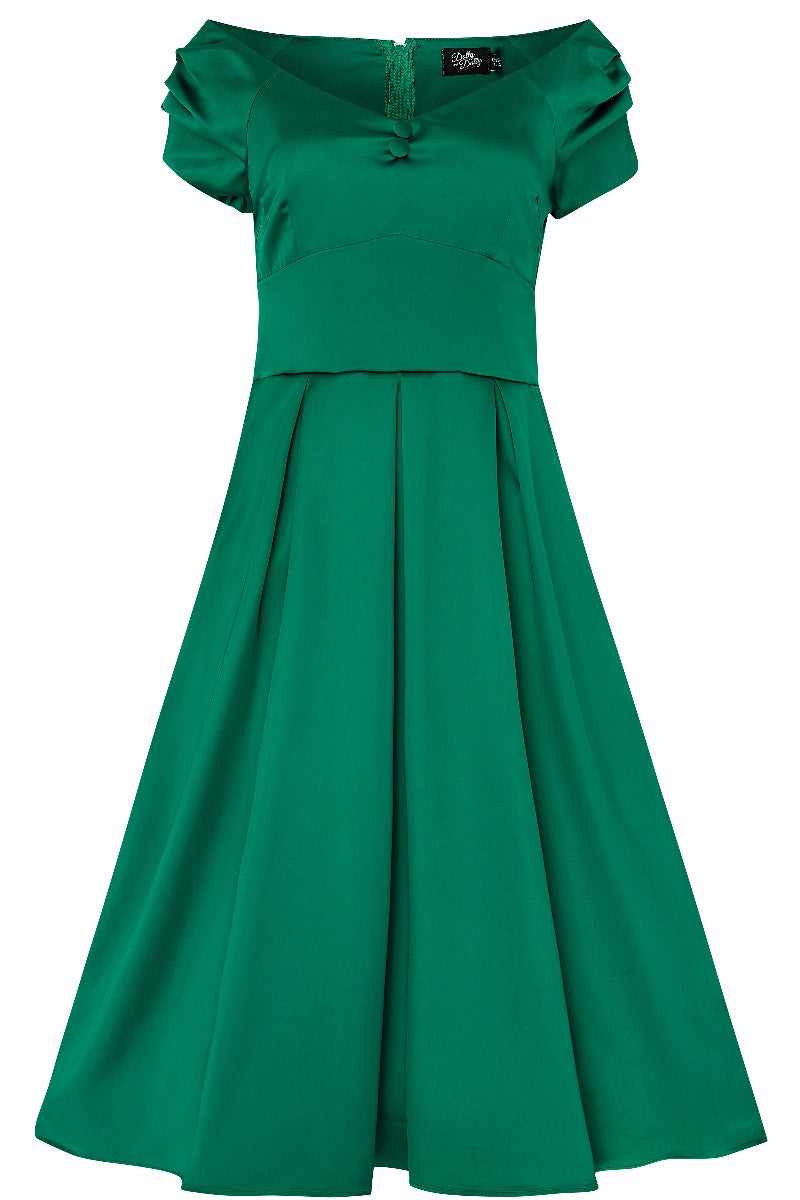 Lily Off Shoulder 50s  Satin Evening Dress in Emerald Green