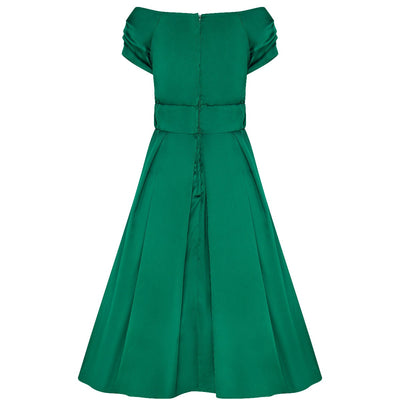 Lily Off Shoulder 50s  Satin Evening Dress in Emerald Green