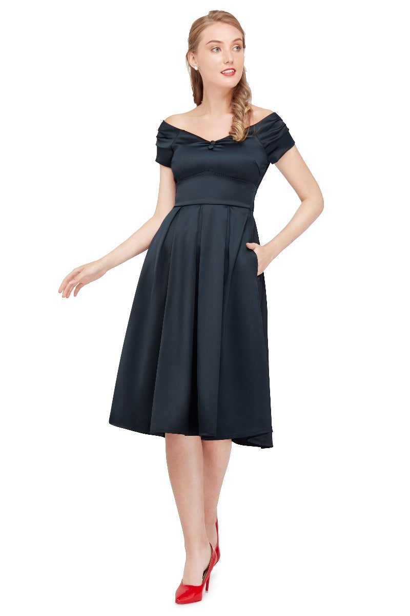Lily Off Shoulder 50s  Satin Evening Dress in Black