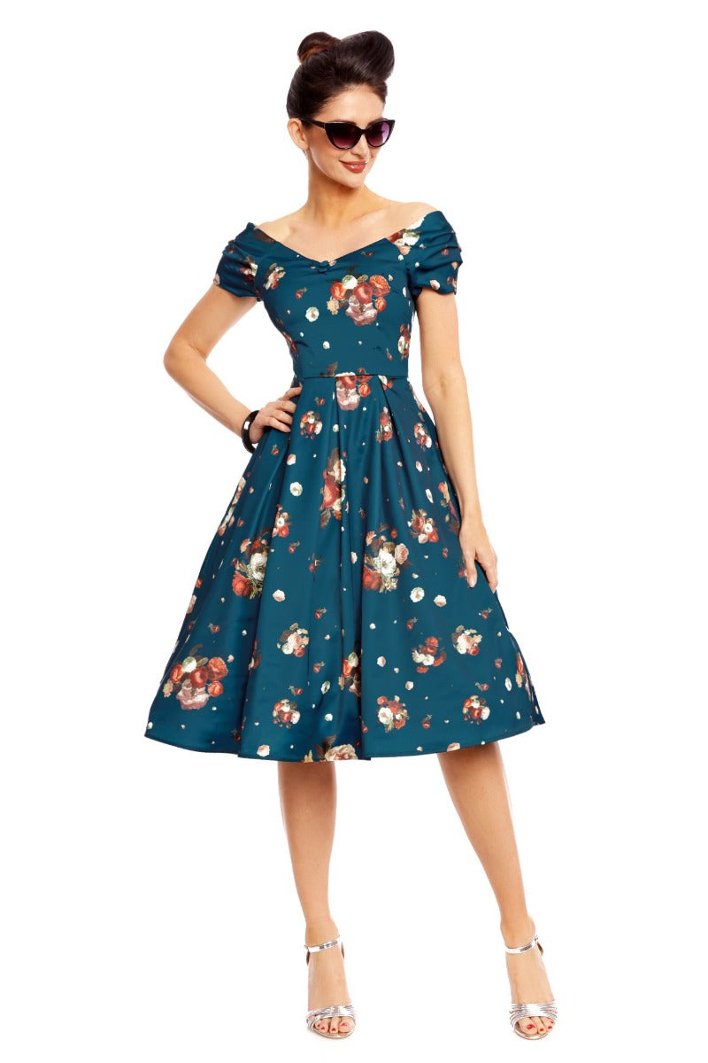 Woman's Off The Shoulder Evening Dress - Blue & Cute Roses