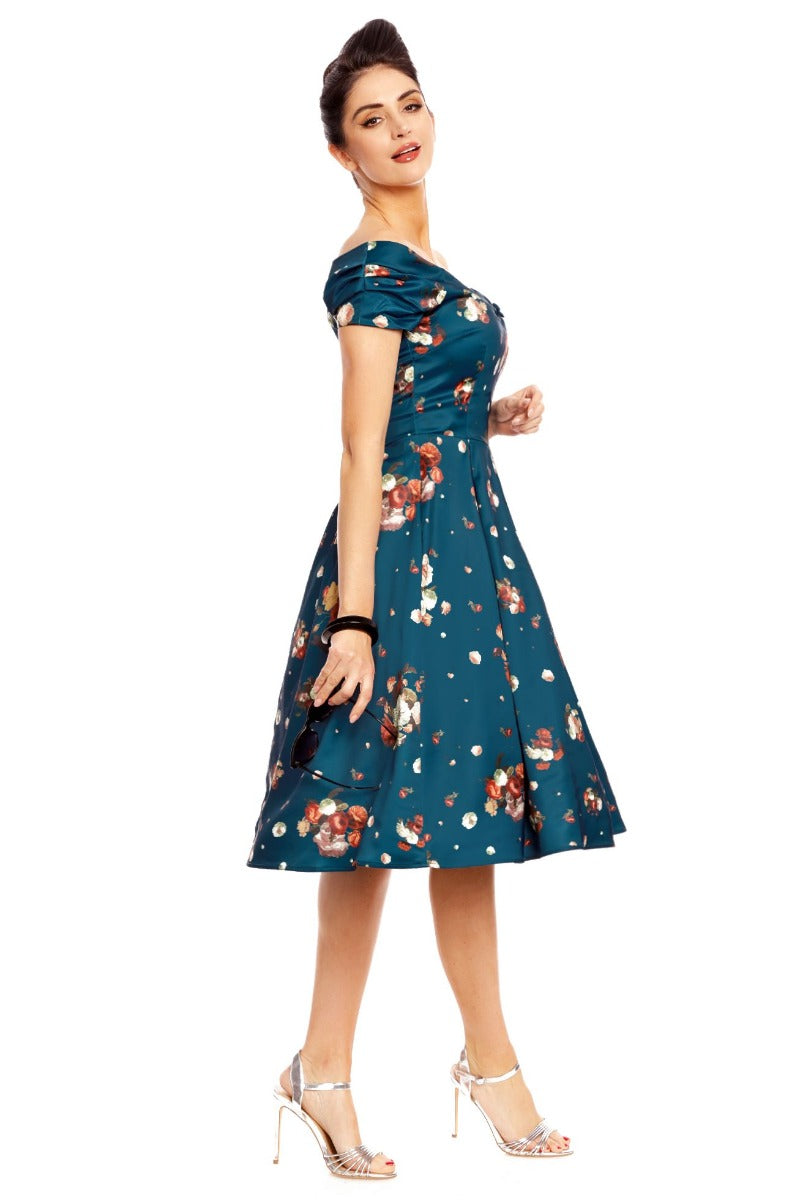 Woman's Off The Shoulder Evening Dress - Blue & Cute Roses
