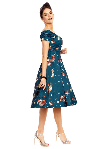 Woman's Off The Shoulder Evening Dress - Blue & Cute Roses
