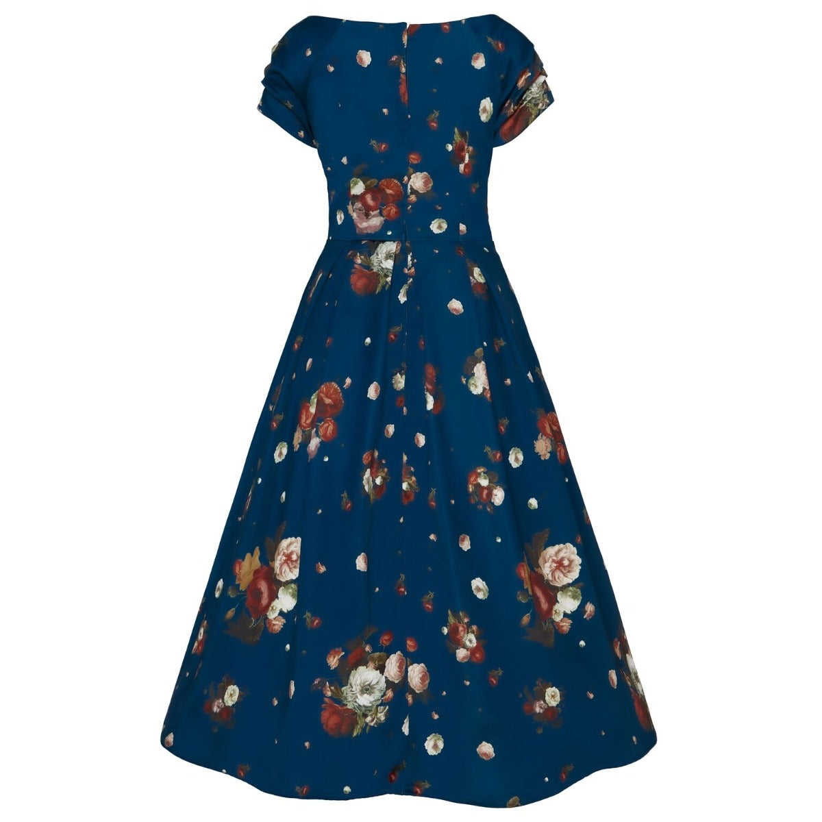 Lily Off the Shoulder 50s Style Blue Dress - Pale Red Roses & Flowers