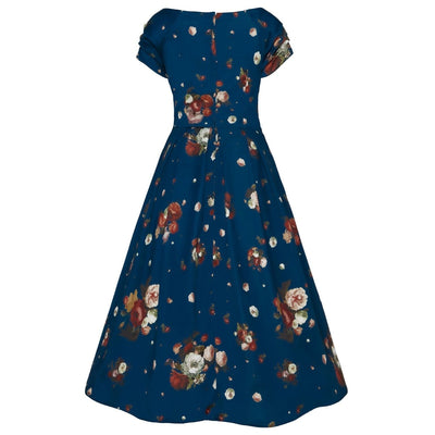 Lily Off the Shoulder 50s Style Blue Dress - Pale Red Roses & Flowers