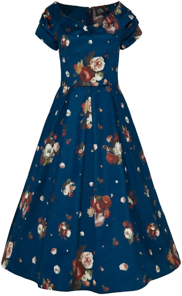 Lily Off the Shoulder 50s Style Blue Dress - Pale Red Roses & Flowers