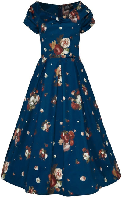 Lily Off the Shoulder 50s Style Blue Dress - Pale Red Roses & Flowers