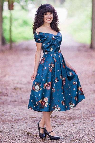 Woman's Off The Shoulder Evening Dress - Blue & Cute Roses