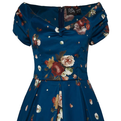 Lily Off the Shoulder 50s Style Blue Dress - Pale Red Roses & Flowers
