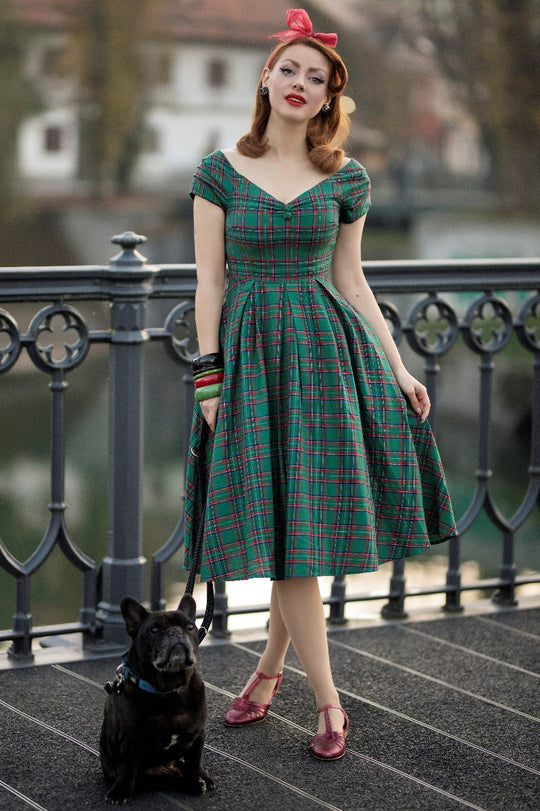 Woman's Green Tartan Off Shoulder Swing Dress