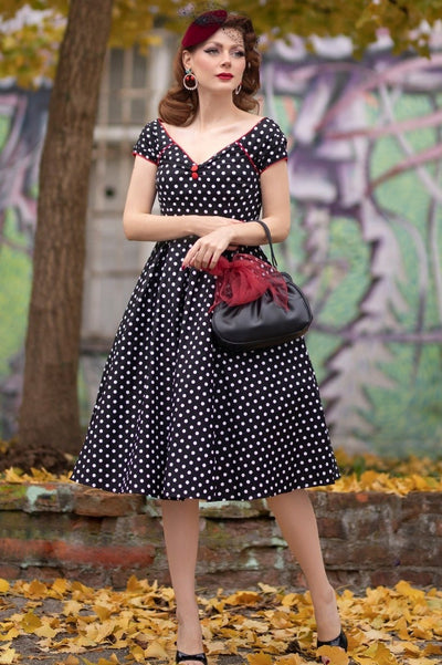Lily Off Shoulder Swing Dress in Black White Dots with Red Details