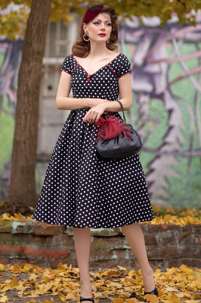 Lily Off Shoulder Swing Dress in Black White Dots with Red Details