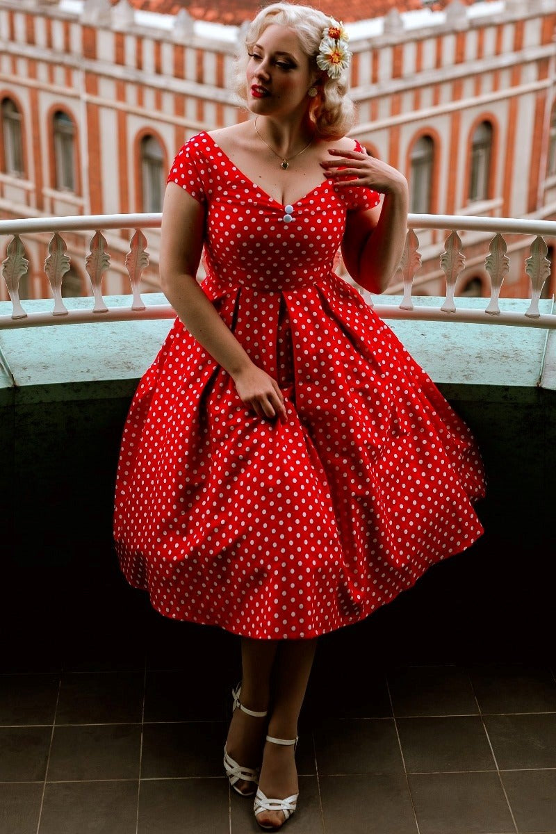Lily Red Polka Off Shoulder Swing Dress