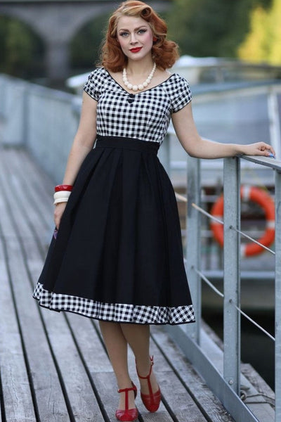 Lily Off Shoulder Black Gingham Swing Dress