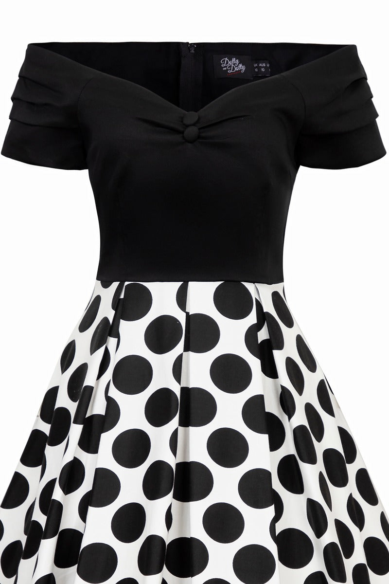 Lily Off Shoulder Monochrome Polka Dot Dress