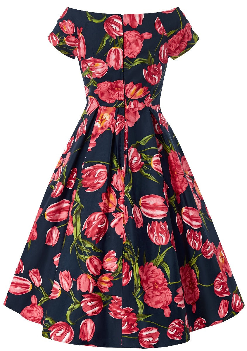 Lily Off Shoulder Swing Dress in Navy Tulip