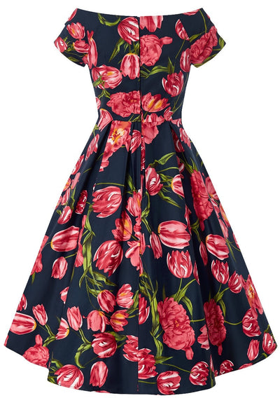 Lily Off Shoulder Swing Dress in Navy Tulip