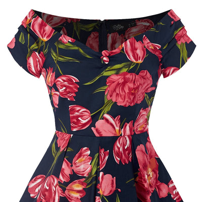 Lily Off Shoulder Swing Dress in Navy Tulip