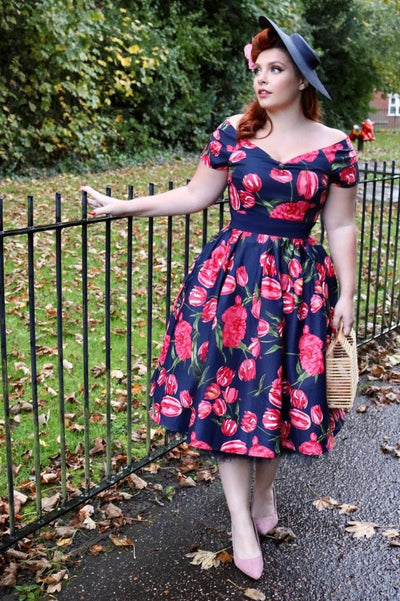 Lily Off Shoulder Swing Dress in Navy Tulip