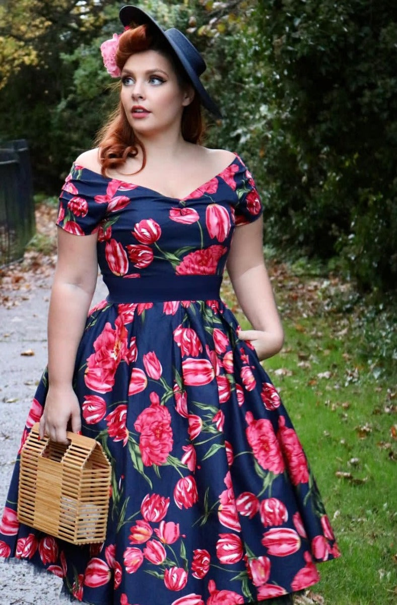 Lily Off Shoulder Swing Dress in Navy Tulip