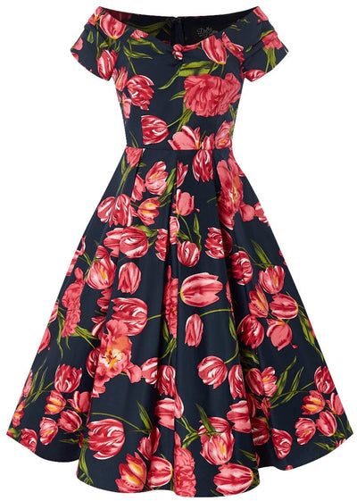 Lily Off Shoulder Swing Dress in Navy Tulip