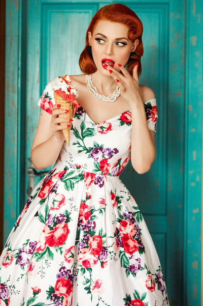 Lily Off Shoulder Swing Dress in White Floral