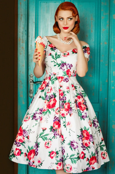 Women's Off Shoulder 50's Inspired Evening Dress in White
