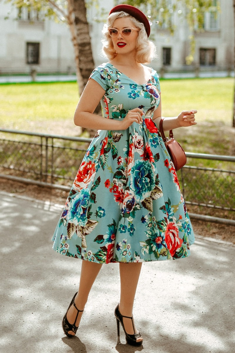 Woman's Off Shoulder Blue Floral Swing Dress