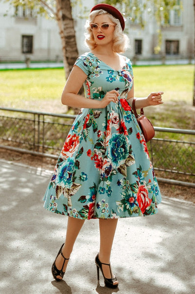 Woman's Off Shoulder Blue Floral Swing Dress