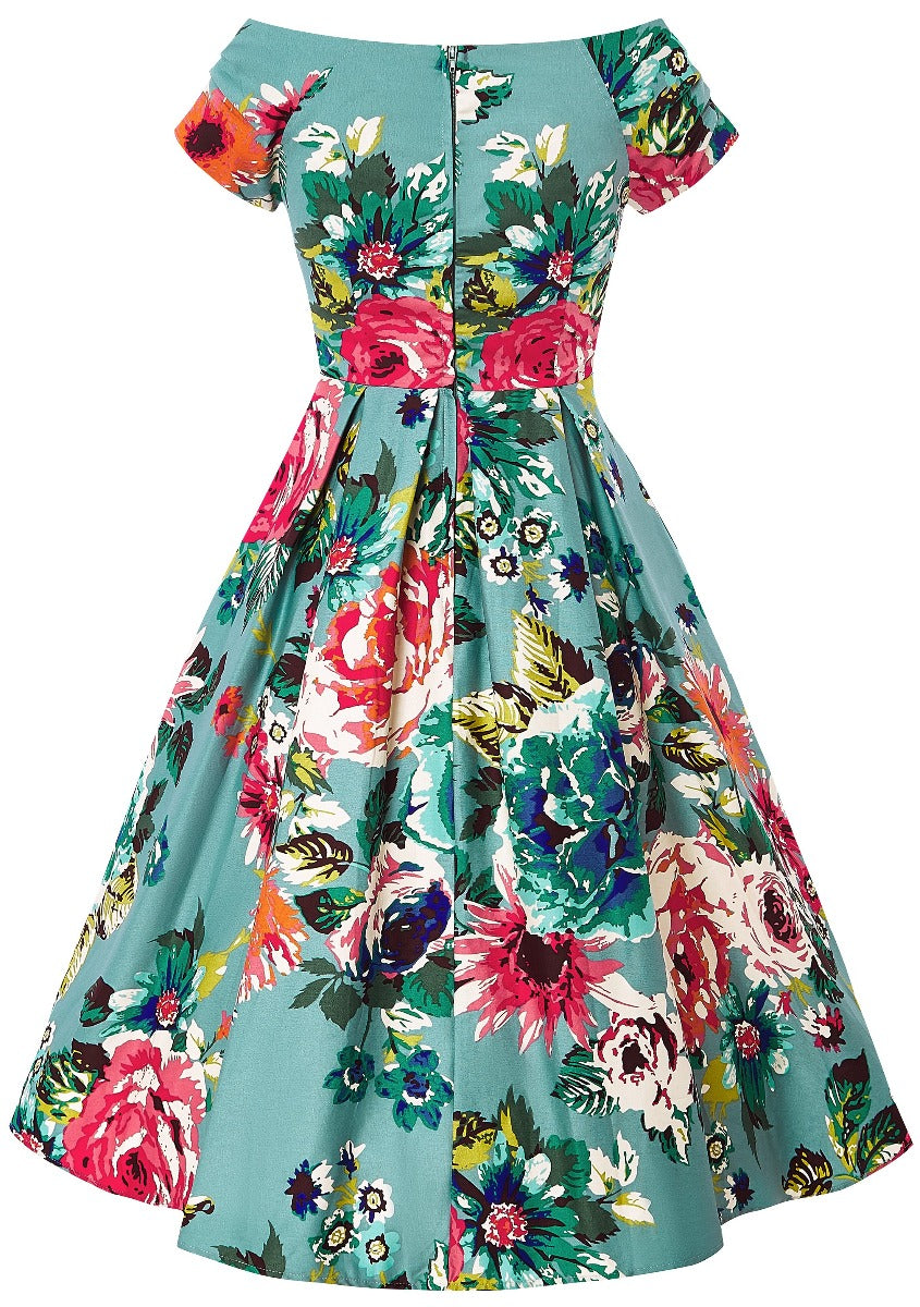Woman's Off Shoulder Blue Floral Swing Dress