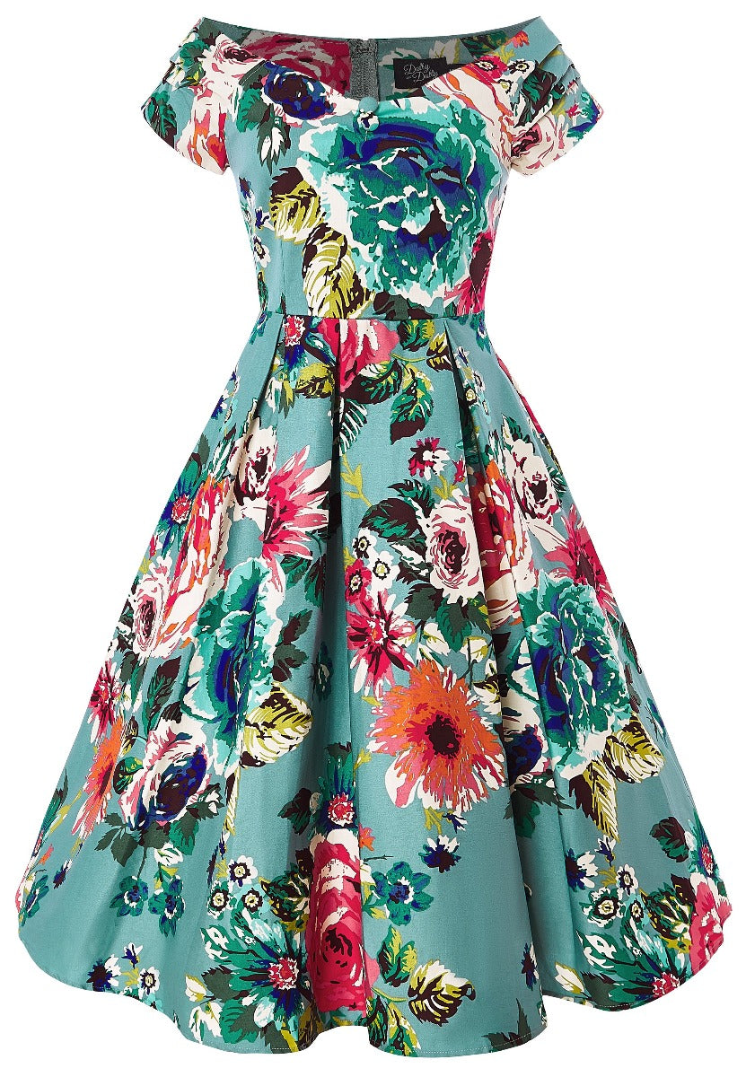 Woman's Off Shoulder Blue Floral Swing Dress