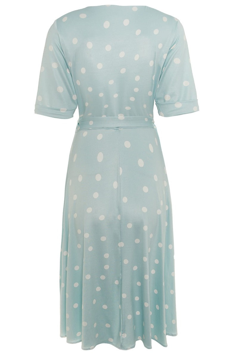 Woman's Retro Wrap Dress in Pale Blue/White Polka dots