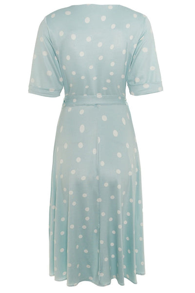 Woman's Retro Wrap Dress in Pale Blue/White Polka dots