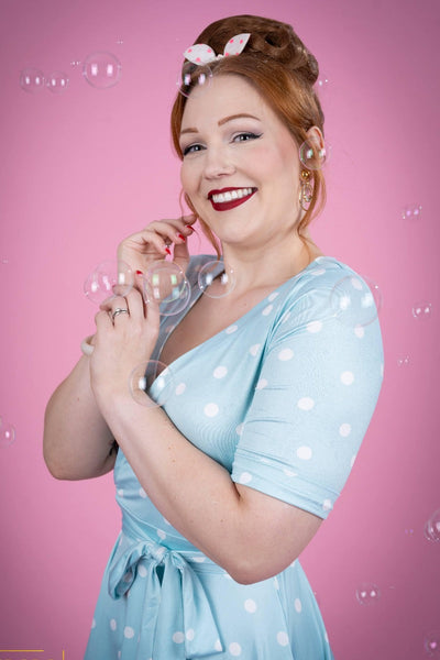 Woman's Retro Wrap Dress in Pale Blue/White Polka dots