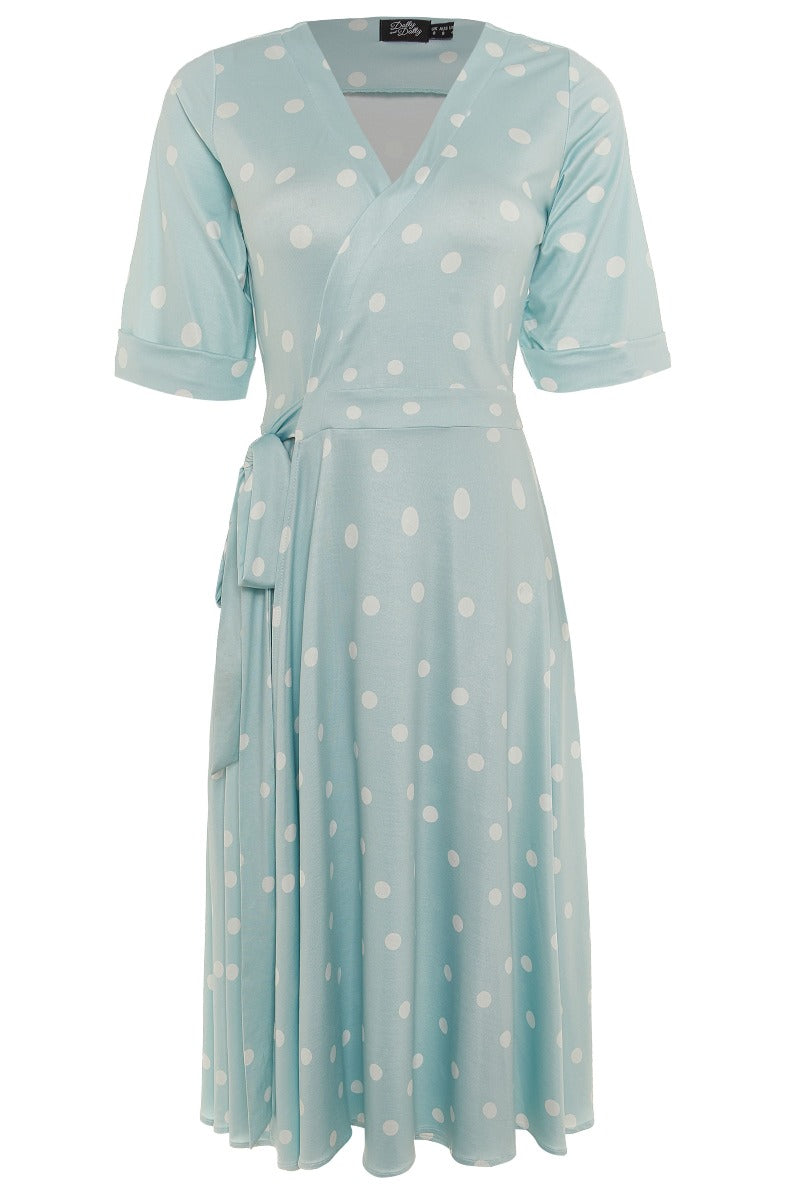 Woman's Retro Wrap Dress in Pale Blue/White Polka dots