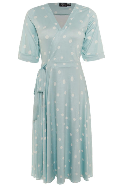 Woman's Retro Wrap Dress in Pale Blue/White Polka dots