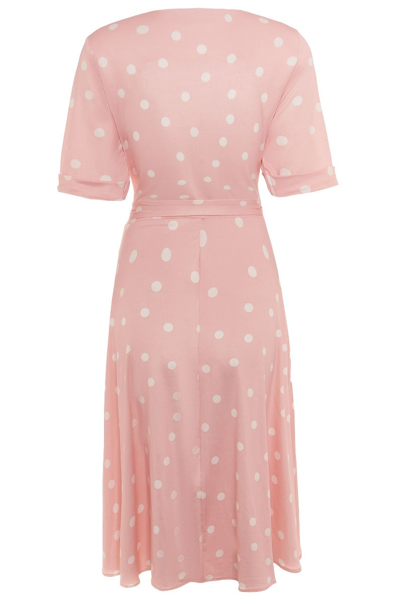 Matilda Retro Wrap Dress in Pale Pink-White Polka dots