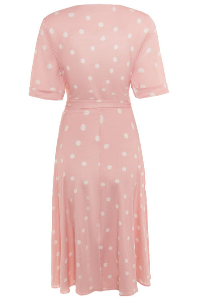 Matilda Retro Wrap Dress in Pale Pink-White Polka dots