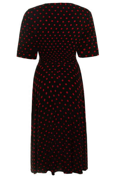Matilda Retro Wrap Dress in Black-Red Polka dot
