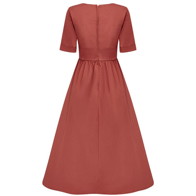 Rosanne Midi-Length Very Deep V neck Swing Dress in Chillie Red