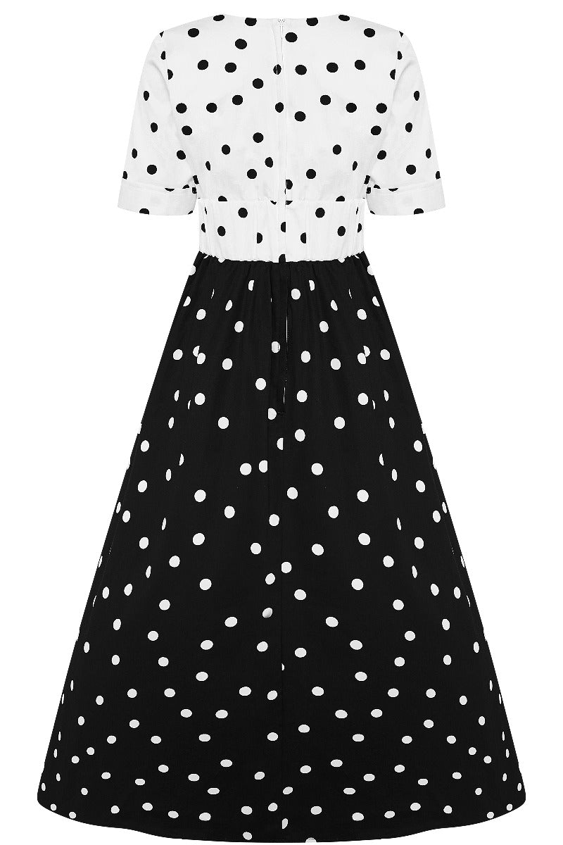 Rosanne Midi-Length Very Deep V neck Swing Dress in Black and White