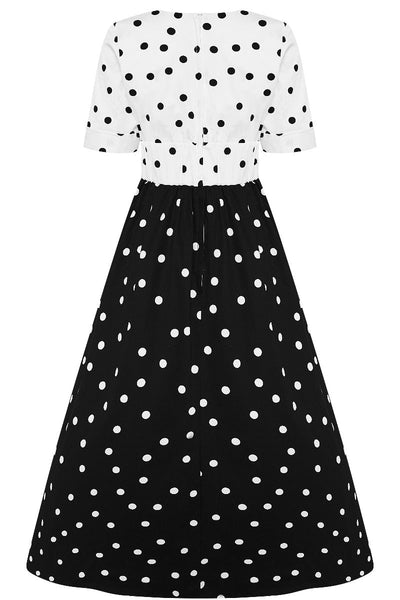 Rosanne Midi-Length Very Deep V neck Swing Dress in Black and White