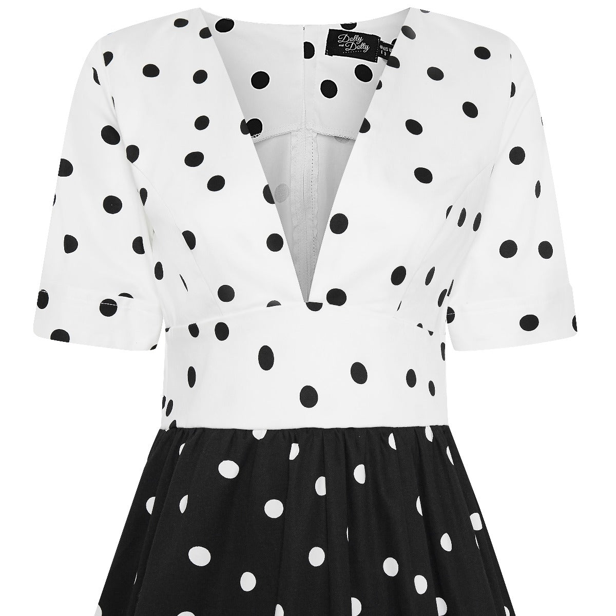 Rosanne Midi-Length Very Deep V neck Swing Dress in Black and White